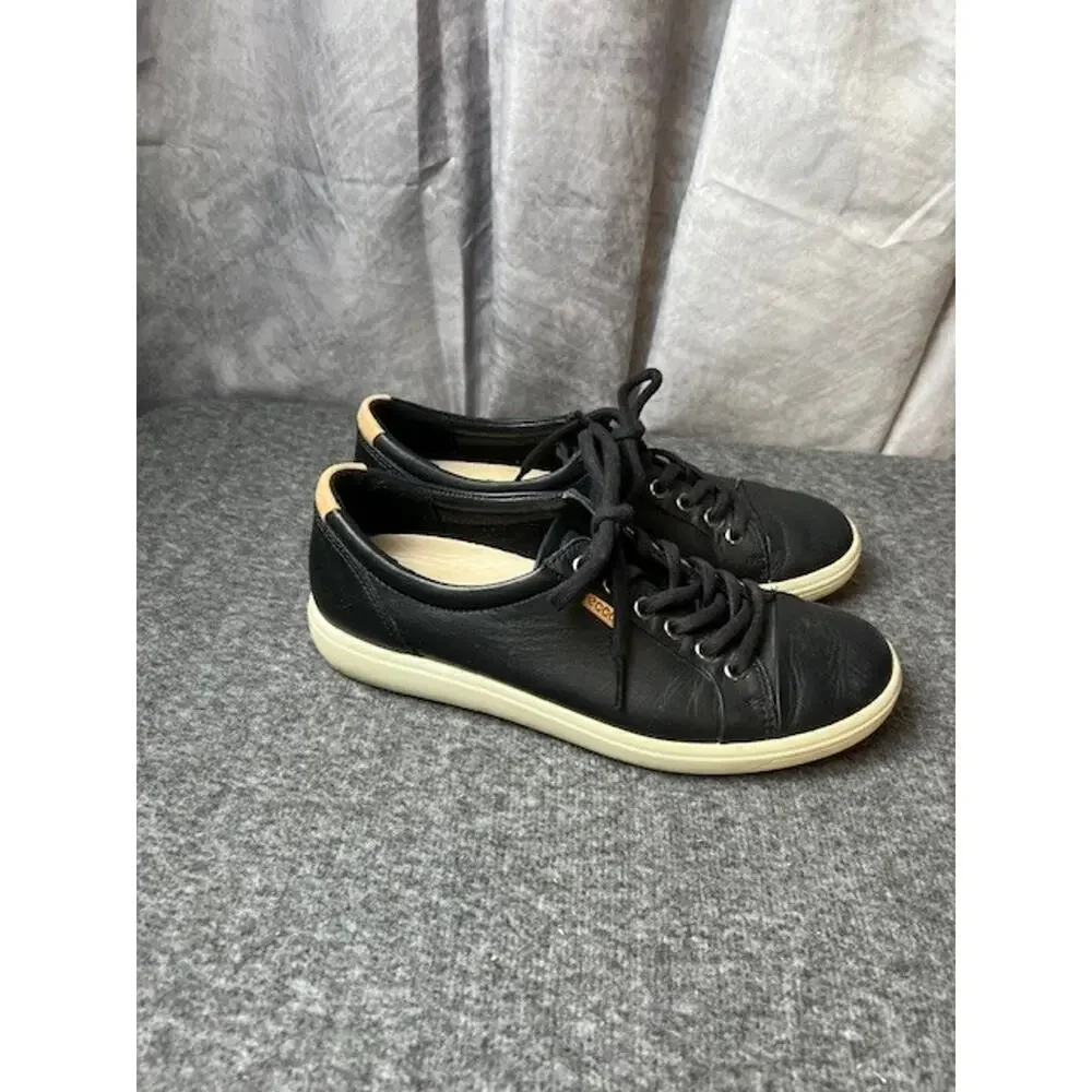 Ecco Womens Soft7 Sneaker Size 39 8.5 Black Leather Lace Up Comfy Shoe Trainer